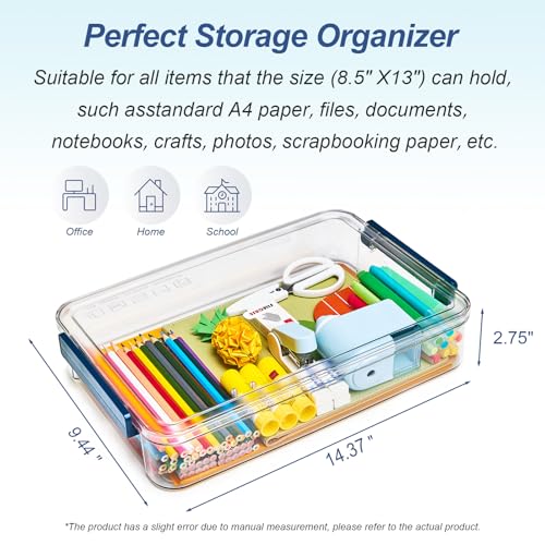 CATOOMUU 16 Pack Clear Plastic Storage Boxes with Lids, 9x13 Inches Shallow Flat, 5.5 Qt, Stackable Cases with Snap-Tight Latch, Organizer for Paper, A4 Files, Documents, Arts, Scrapbooking & Crafts - color: Large-Blue-16packs