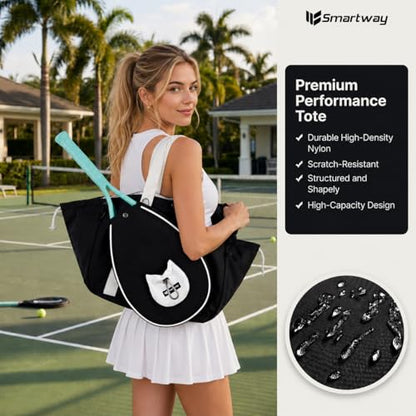 Smartway Pickleball Tote Bag for Women, Stylish Tennis Bag with Detachable Paddle Pocket, Waterproof Large Capacity Court Shoulder Bag for Gym, Daily & Weekend Trips, Men Ideal Pickleball Gifts - color: Black