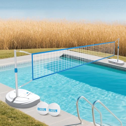 IGL Pool Volleyball Net Set, Pool Volleyball Set with 15 Ft Length Net, Height Adjustable Volleyball Net for Pool, Anti-Rust Stainless Steel Pool Games Set, Two Fillable Bases, Includes 2 Volleyballs - size: Volleyball Set