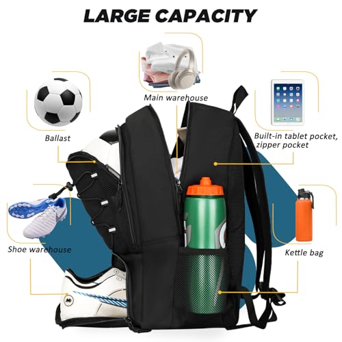 Goloni Soccer Bag, Basketball Bag with Ball Compartment & Shoe Compartment,Large Soccer Backpack for Basketball,Gym，Football - color: black