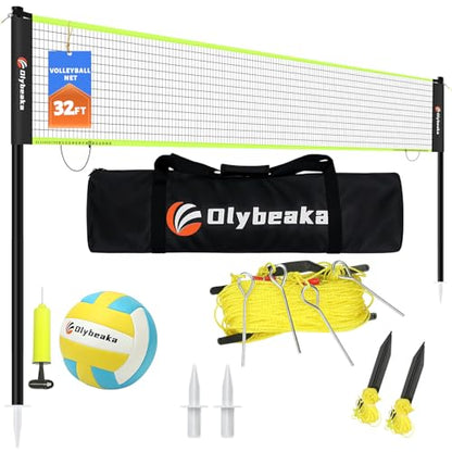 32ft Portable Outdoor Volleyball Net Set for Backyard Beach with Adjustable Poles, Durable, Soft PU Volleyball & Pump, Carry Bag - Easy Set Up & Durable