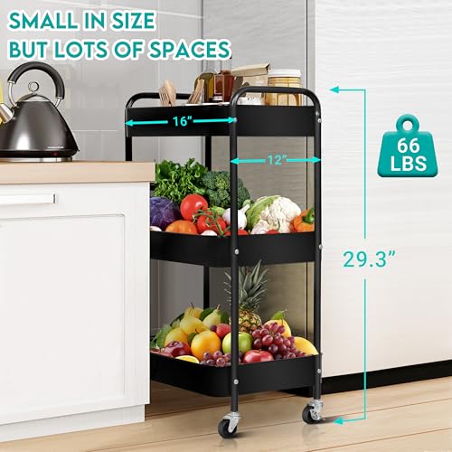 ZOES HOMEWARE 3 Tier Rolling Cart, Metal Utility Cart with 4 Hooks, Rolling Storage Cart on Wheels, Small Organizer Cart for Nursery, Kitchen, Living Room, Bathroom, Black - color: Black