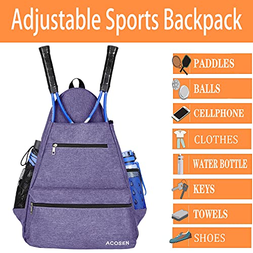 ACOSEN Tennis Bag Tennis Backpack - Large Tennis Bags for Women and Men to Hold Tennis Racket,Pickleball Paddles, Badminton Racquet, Squash Racquet,Balls and Other Accessories - color: Purple - B