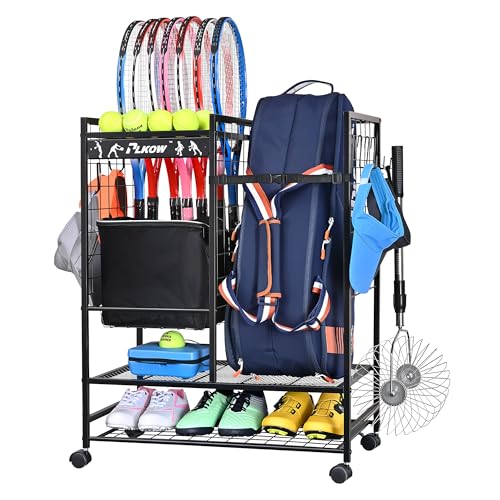 PLKOW Tennis Bag Organizer Tennis Racket Storage Rack, Tennis Equipment Holder for Bags, Balls, Racquet & Accessories, Versatile Gear Organizer for Garage, Club, or School - color: Black, 27.2''L x 15.6''W x 36''H