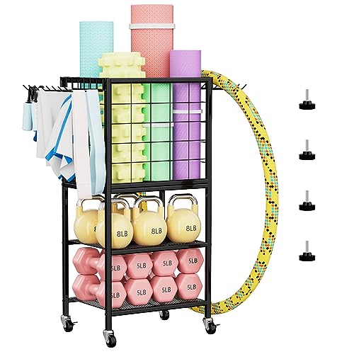 Dumbbell Rack for Home Weight Rack for Home Gym Yoga Mat Storage Rack Black Workout Equipment Storage Organizer with Hooks Yoga Mat Holder with Wheels for Yoga Block, Dumbbell, Resistance Band - color: Black