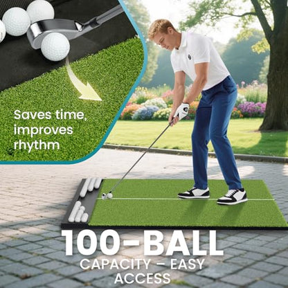 Golf Hitting Mat with Ball Tray, 5x4 / 6x4 ft, 26mm / 31mm Thick, Pro & Elite Turf with Swing Path Line, Premium Golf Practice Mat for Indoor & Outdoor Swing, Chipping, Training