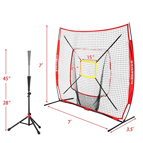 Storgem Baseball and Softball Practice Net 7×7ft Portable Hitting Pitching Batting Training Net Baseball Backstop Net with Batting Tee and Strike Zone and Bow Frame - color: Red