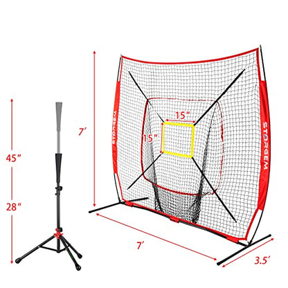 Storgem Baseball and Softball Practice Net 7×7ft Portable Hitting Pitching Batting Training Net Baseball Backstop Net with Batting Tee and Strike Zone and Bow Frame - color: Red
