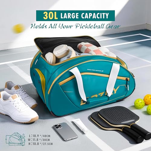 Pickleball Bag 30L, Waterproof Silk-PU Leather Sports Duffle Backpack with Shoe Compartment, Thermal Racket Pocket, Holds 2 Paddles & Balls, Gym Travel Pickleball Equipment Bag