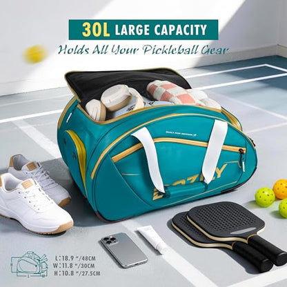 Pickleball Bag 30L, Waterproof Silk-PU Leather Sports Duffle Backpack with Shoe Compartment, Thermal Racket Pocket, Holds 2 Paddles & Balls, Gym Travel Pickleball Equipment Bag
