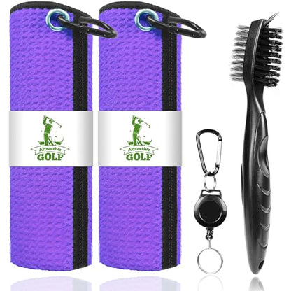 ATTRACTIVE Golf Towels, Microfiber Waffle Pattern Towels - Golf Club Brush with Cleaning (2 Purple Towel+Black Brush) - color: Purple