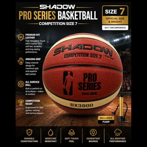 Shadow Pro Series 3800 Basketball, Size 7, Premium Competition Grade leather, Orange and Cream, Great durability. Reinforced butyl bladder. Adult Size 7, 28.5 inches. GST leather. Includes Inflator.