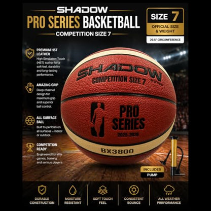 Shadow Pro Series 3800 Basketball, Size 7, Premium Competition Grade leather, Orange and Cream, Great durability. Reinforced butyl bladder. Adult Size 7, 28.5 inches. GST leather. Includes Inflator.