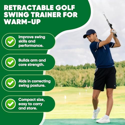 Retractable Golf Swing Trainer, Training Aid with Grip Trainer, Click Feedback for Tempo & Swing Mechanics, Weighted Indoor Practice Stick for Home Office, Gift for Men&Lady Beginners