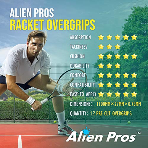 ALIEN PROS Tennis Racket Grip Tape - Precut and Dry Feel Tennis Grip - Tennis Overgrip Grip Tape Tennis Racket - Wrap Your Racquet for High Performance - color: 12-Pack White