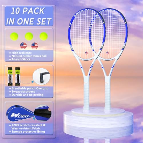 Pro Tennis Racket for Adults, 2 Player 27 inch Speed Tennis Racquet Acceptable for Beginner and Professional with 3 Tennis Balls, 2 Vibration Dampes, 2 Overgrips, Tennis Bag - color: Blue
