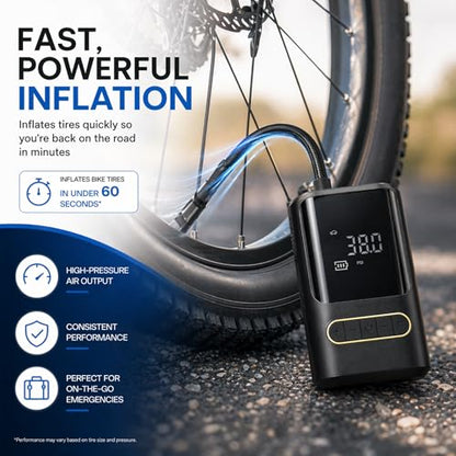 Portable Bike Air Compressor – Mini Electric Tire Pump with Auto Shut-Off, Multi-Valve Compatible, Rechargeable Tire Inflator for Bikes, Cars & E-Bikes
