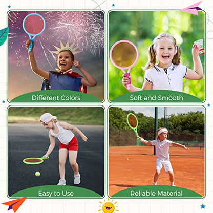 Wettarn 8 Pcs Plastic Kids Tennis Racket with 4 Tennis Balls and 4 Shuttlecocks Training Balls Beach Racket Set in 3 Colors for Kids Outdoor Sports Gifts