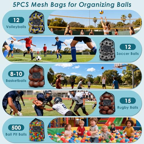 BROTOU 5PCS Extra Large Mesh Sports Ball Bags - Soccer Ball Bag Drawstring Bags with Shoulder Strap for Basketball, Volleyball, Swimming Gear