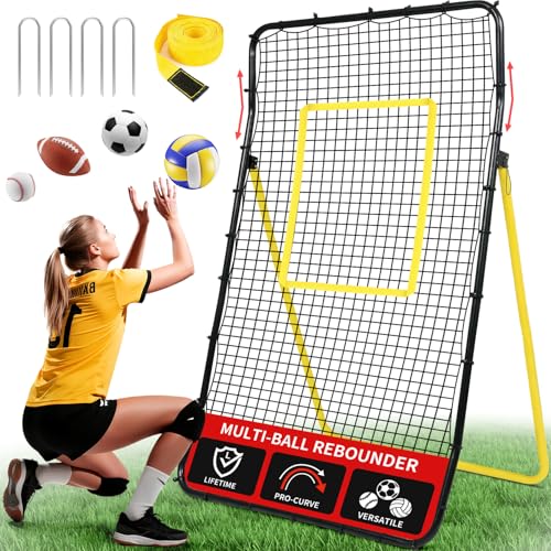 BAGAIL Volleyball Rebounder Net 7x4 Ft, Bounce Back Training Equipment with Unique Curved Frame for Better Catching, 5 Adjustable Angles for Volleying & Spiking, Easy Set Up & Sturdy Base - color: Yellow