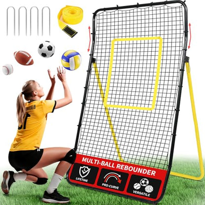 BAGAIL Volleyball Rebounder Net 7x4 Ft, Bounce Back Training Equipment with Unique Curved Frame for Better Catching, 5 Adjustable Angles for Volleying & Spiking, Easy Set Up & Sturdy Base - color: Yellow