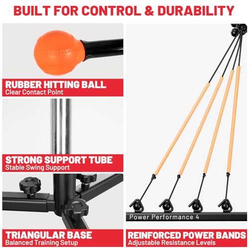 Baseball Softball Swing Trainer with Tripod Base, Adjustable Height Batting Trainer for Solo Hitting Practice, Auto-Return Trainer with 4 Elastic Ropes, Ground Pegs & Carry Bag