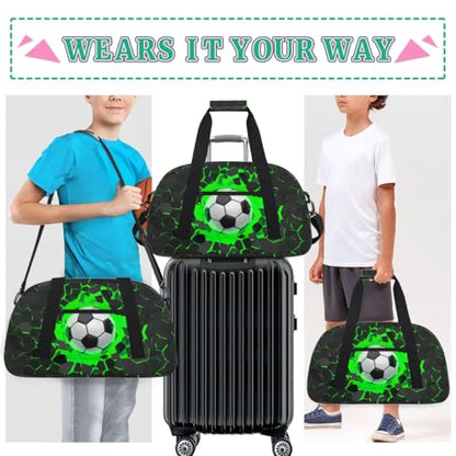 Green Soccer Kids Duffel Bag for Boys, Football Sports Gym Bag Overnight Travel Weekender Bag Lightweight Carry On Sleepovers Bag for School Practice Gymnastics - color: Soccer