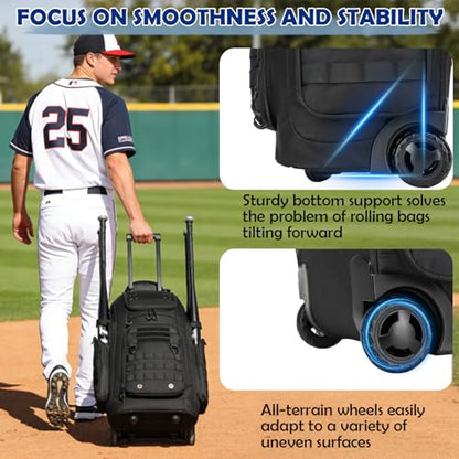 Rolling Baseball Bag with Wheels, Softball Catchers Gear Bags for 4 Bats, Portable Baseball Catcher Bag with Shoe Compartment, Holds All Softball Baseball Equipment - color: Black