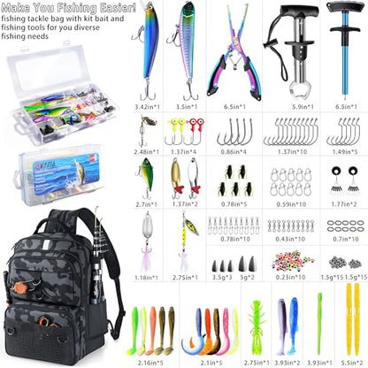 Fishing Backpack with Tackle Boxes and Rod Holder, 24L Fishing Sling Bag with Fishing Lures Kit, Fishing Gear Bag Gifts for Men Women - Black Camo Backpack