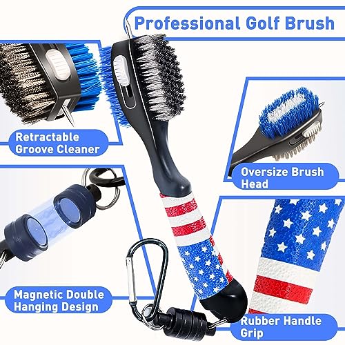 Golf Club Brush and Amercian Flag Golf Towels, Golf Groove Cleaner Cleaning kit, Golf Accessories Cleaner Tool with Strong Magnet Stick to Golf Clubs or Bag - color: Towels and Brush