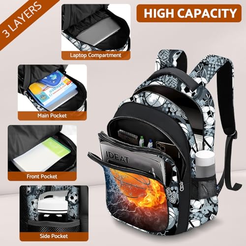 School Backpack for Boys - Basketball Boys Backpack for Kids Children Teens Elementary Middle School - 17″ Sport Bookbag Travel Back Pack for Age 6-18