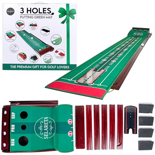 3 Holes Indoor Putting Green- 10 ft. Professional Golf Mat with Auto Ball Return, Non-Slip Base,Mirror and 4 Slopes. for Home, Office or Backyard,Golf Gift Training Aid for Beginners and Adults