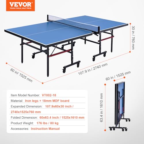 VEVOR Ping Pong Table, Professional Table Tennis Game, Indoor MDF Portable Table Tennis Table, Foldable Ping Pong Table with Quick Clamp Net and Lockable Wheel, 10 Minute Easy Assembly, 18mm Tabletops