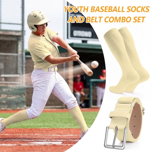 XZQTIVE Baseball Softball Socks and Baseball Softball Belt Combo Set Knee-High Soccer Socks for Kids Youth Adult - color: Cream, size: Kid