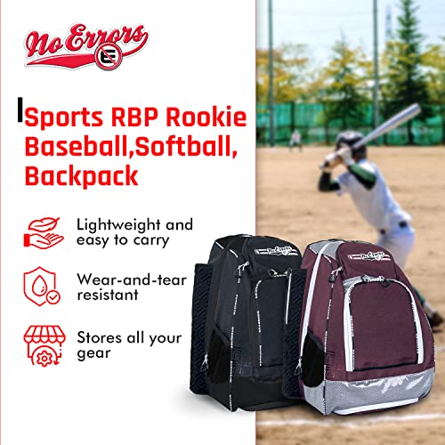 No Errors Sports RBP Rookie Baseball and Softball Backpack - Youth Baseball and Softball Bat Bag with Fence Hooks - Baseball and Softball Equipment Bag for Kids - color: Maroon