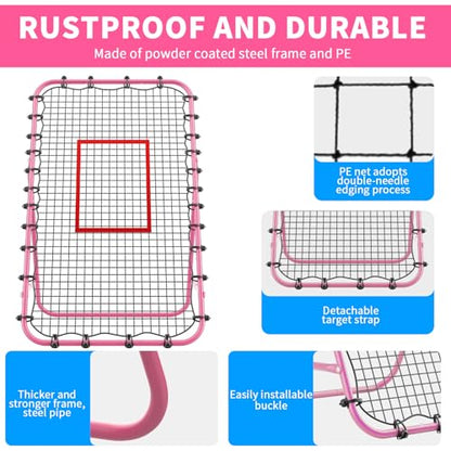 Adjustable Volleyball Rebounder Net 7x4 FT - Ultimate Training Equipment for Volleyball & Lacrosse Enhanced Bouncing System for Volleying, Bumping, and Spiking Drills - color: Pink
