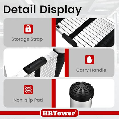 HBTower Telescoping Ladder, 12.5 FT Aluminum Extension Ladder 1000lbs Capacity, Heavy Duty Multi-Purpose Collapsible Ladder for RV, Household and Outdoor Working,Certified by ANSI