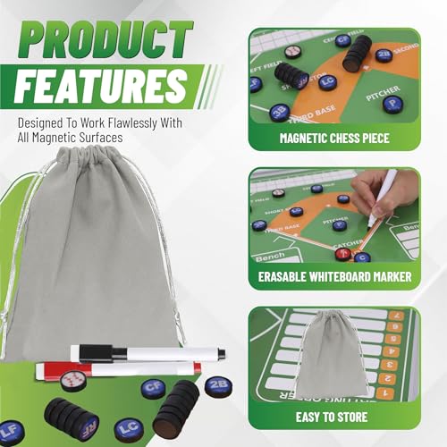 ZPU 23 Picese Baseball Magnets Set with 2 Dry Erase Black Marker Pens, 2 Red Marker Pens, 1 Storage Bag, Tactics Strategy Board Coaches Clipboard Accessories (Board NOT Included) - style: Baseball
