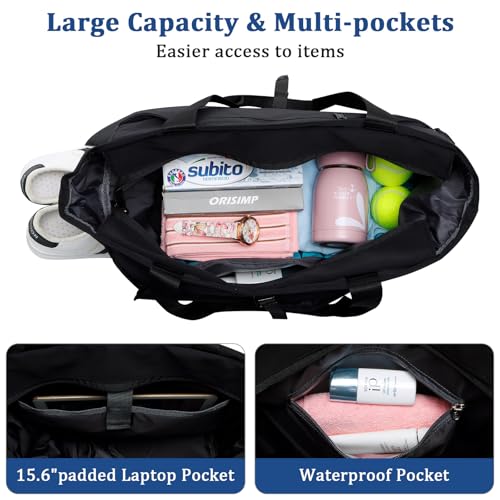 Tennis Gym Bag for Women, Tennis Tote Bag with Shoe Compartment & Wet Pocket, Tennis Racket Bag Holds 2-4 Rackets, Weekend Bag with Laptop Compartment for Men & Women - color: Black