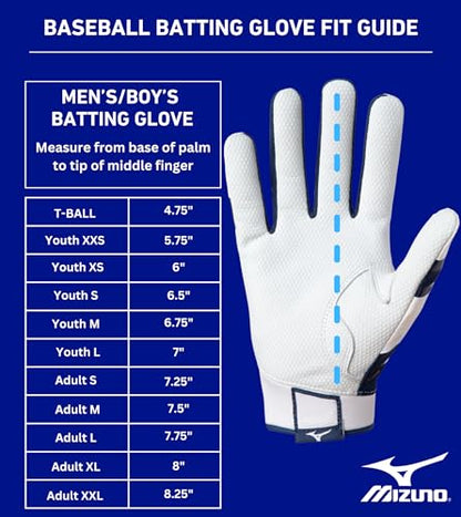 Mizuno MVP Adult Baseball Batting Gloves | Pair | Adult, Youth, and TBall | Nonslip Palm | FlexMesh Back | QuikAdjust Wrist Tab - color: White/Navy, size: X-Small, style: MVP Youth Baseball Batting Glove
