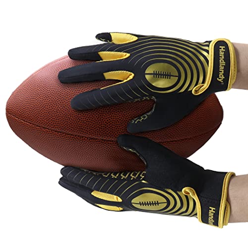 HANDLANDY Youth Football Gloves, Kids Sticky Receiver Gloves,Super Grip Football Glove Best Gift for Boys,Girls - color: Black and Gold, size: X-Small-Youth