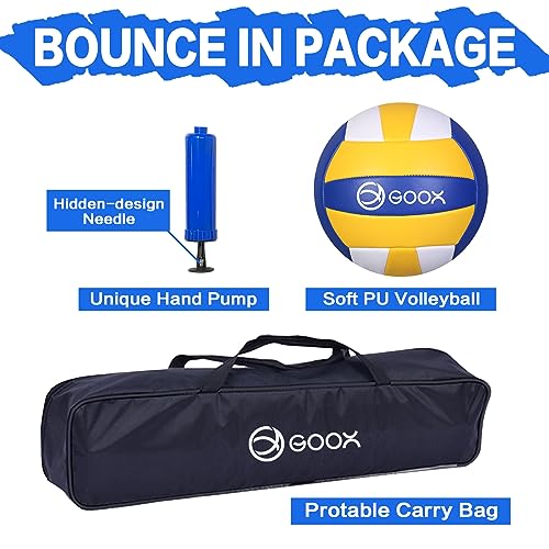 GOOX 4 Square Volleyball Net Game Set, 14 FT 4-Way Volleyball Net for Backyard Beach Lawn, Portable Four Square Volleyball Net for Adults & Youths with Vollyball, Pump, Carry Bag - color: red and blue