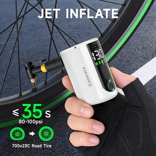 MY20 Electric Bike Pump with Gauge, 130 PSI Fast Inflate, Mini Bicycle Pump with Presta & Schrader Valve, Auto Stop, Portable Rechargeable Air Pump for Road Bike, Mountain Bike, E-Bike - color: White