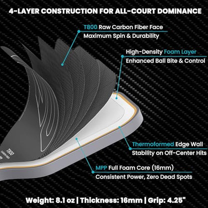 Pickleball Paddles,T800 Carbon Fiber 16mm MPP Foam Core Thermoformed Racket, Shock Absorbing Large Sweet Spot for Seniors Adults Intermediate Players,Premium Gift Set with 12-Month Warranty