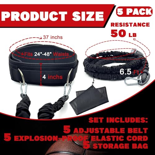 5-Pack Zone Defense Resistance Band Kit, Basketball & Volleyball Agility Training Belt Kit – Resistance Band Speed & Coordination Trainer with Adjustable Waist Strap, Black