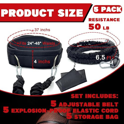 5-Pack Zone Defense Resistance Band Kit, Basketball & Volleyball Agility Training Belt Kit – Resistance Band Speed & Coordination Trainer with Adjustable Waist Strap, Black