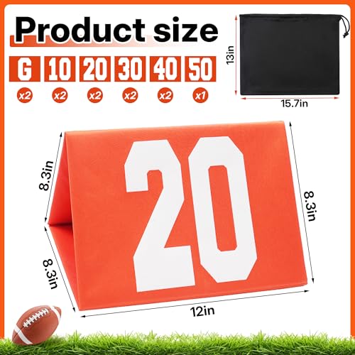 Set of 11 Football Yard Markers Field Markers Orange High Visibility Weighted Yardage Markers with Portable Carrying Bag, Football Gear for Football Training Equipment