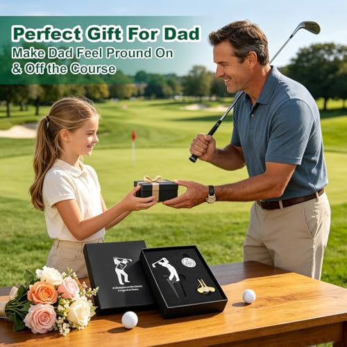 Father's Day Golf Gifts for Men Dad, Golf Repair Divot Tool with Golfer Silhouette, Par-FECT Dad Golf Ball Marker, Gold Magnetic Club-Style Hat Clip, Unique Golf Gift from Daughter/Son/Kids