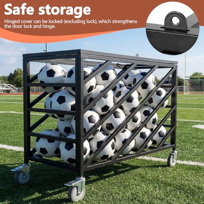 Ball Storage Cart with Wheels Rolling Exercise Ball Holder with Lockable Lid Basketball Rack for Volleyball Gym Recess Soccer Playground