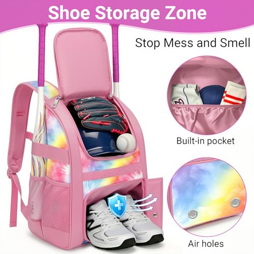 Youth Baseball Bag - Softball Bag for Girls & Boys with Shoes Compartment, Bat Backpack for Baseball, T-Ball & Softball Equipment - color: Tie-dye-Pink